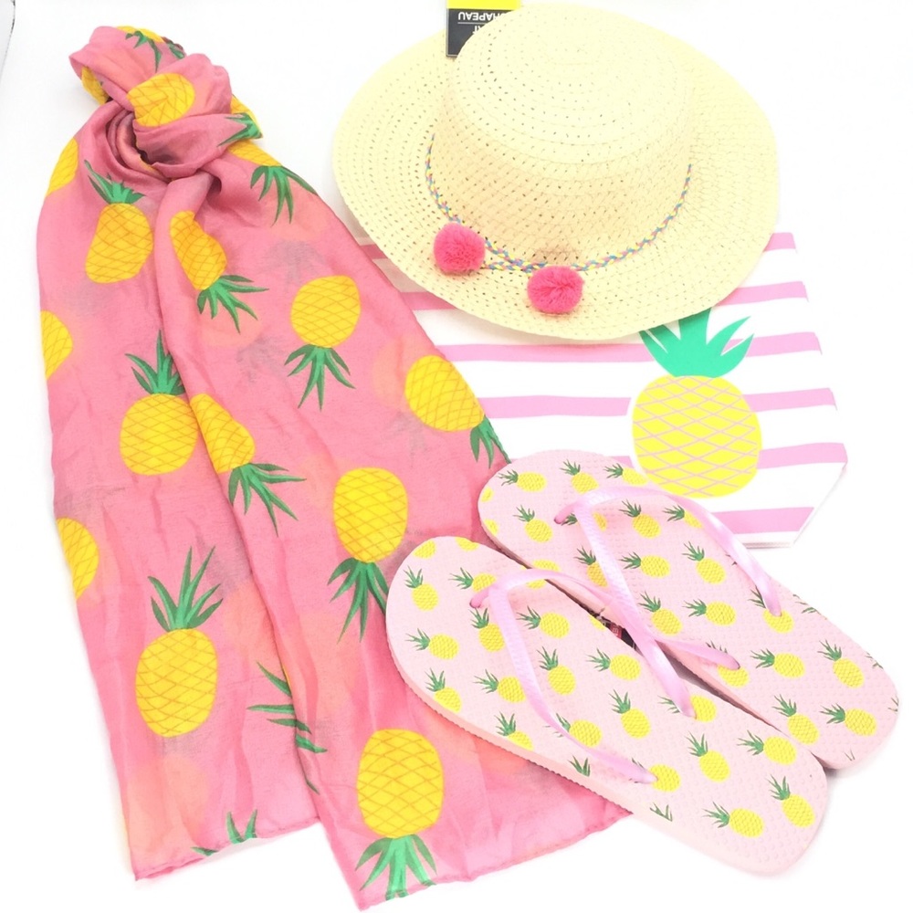 Pineapple Flip Flop + Scarf + Straw Hat + Tote 4pc